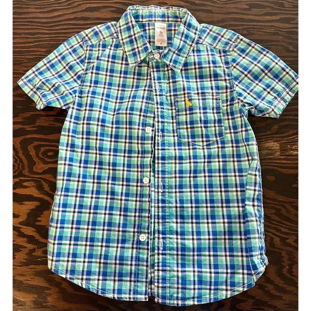 Carters Short Sleeve Button Down Size 5T Blue Green White (844)
